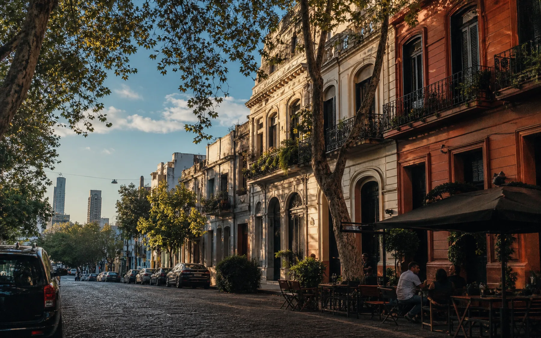 Leafy historic Buenos Aires street with colorful facades and a sidewalk cafe